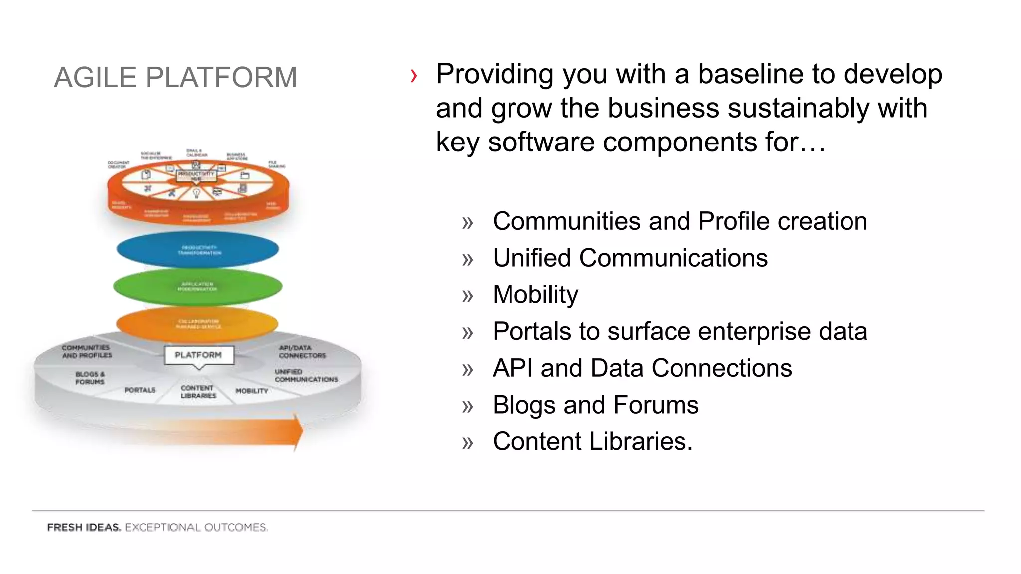 AGILE PLATFORM › Providing you with a baseline to develop
and grow the business sustainably with
key software components for…
» Communities and Profile creation
» Unified Communications
» Mobility
» Portals to surface enterprise data
» API and Data Connections
» Blogs and Forums
» Content Libraries.
 