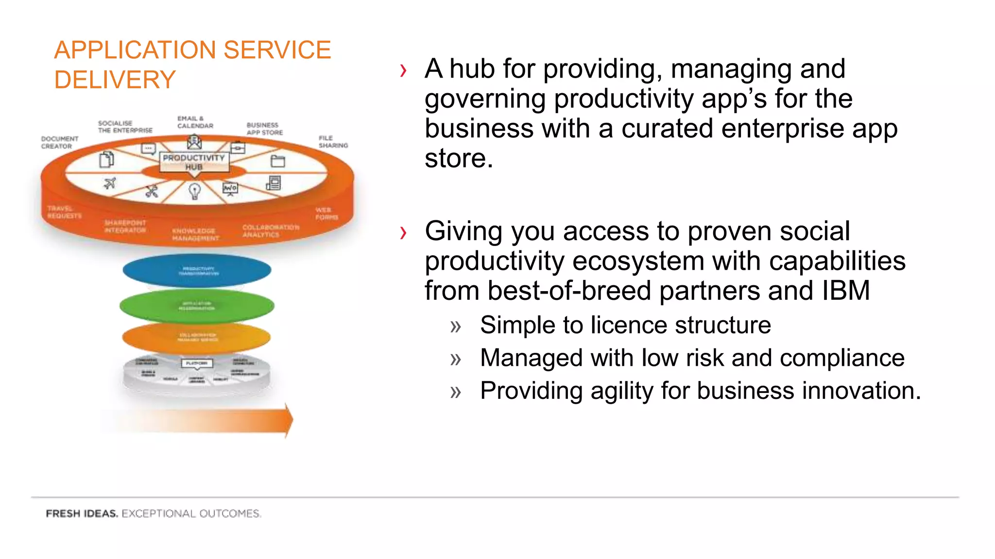 APPLICATION SERVICE
DELIVERY › A hub for providing, managing and
governing productivity app’s for the
business with a curated enterprise app
store.
› Giving you access to proven social
productivity ecosystem with capabilities
from best-of-breed partners and IBM
» Simple to licence structure
» Managed with low risk and compliance
» Providing agility for business innovation.
 