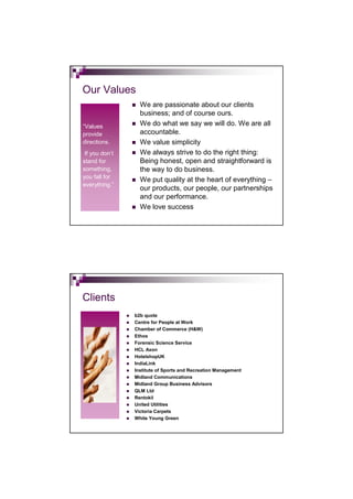 Our Values
                  We are passionate about our clients
                  business; and of course ours.
“Values           We do what we say we will do. We are all
provide           accountable.
directions.       We value simplicity
 If you don’t     We always strive to do the right thing:
stand for         Being honest, open and straightforward is
something,        the way to do business.
you fall for
                  We put quality at the heart of everything –
everything.”
                  our products, our people, our partnerships
                  and our performance.
                  We love success




Clients
                b2b quote
                Centre for People at Work
                Chamber of Commerce (H&W)
                Ethos
                Forensic Science Service
                HCL Axon
                HotelshopUK
                IndiaLink
                Institute of Sports and Recreation Management
                Midland Communications
                Midland Group Business Advisors
                QLM Ltd
                Rentokil
                United Utilities
                Victoria Carpets
                White Young Green
 