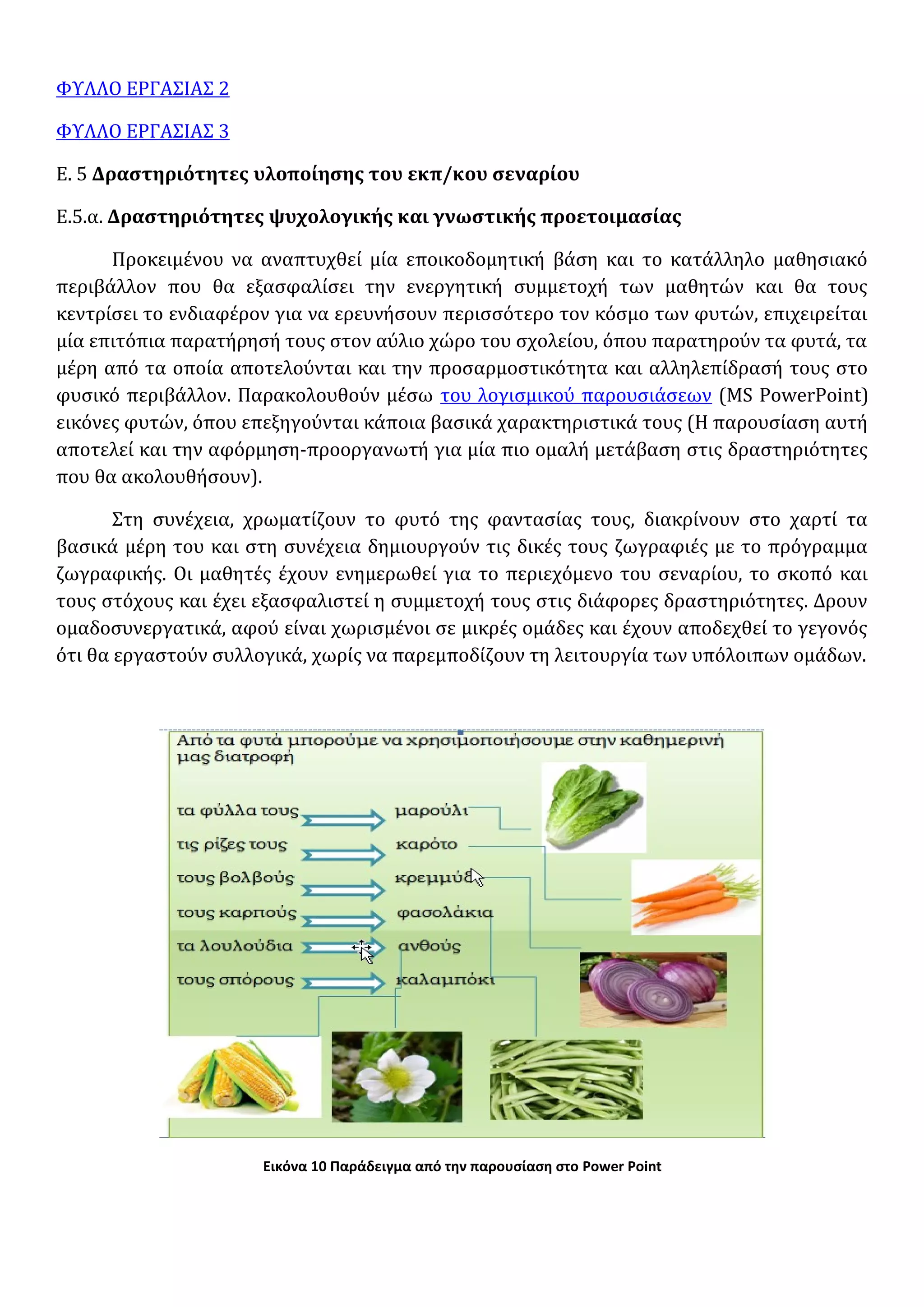 ΦΥΛΛΟ ΕΡΓΑΣΙΑΣ 2
ΦΥΛΛΟ ΕΡΓΑΣΙΑΣ 3
Ε. 5 Δραστηριότητες υλοποίησης του εκπ/κου σεναρίου
Ε.5.α. Δραστηριότητες ψυχολογικής και γνωστικής προετοιμασίας
Προκειμένου να αναπτυχθεί μία εποικοδομητική βάση και το κατάλληλο μαθησιακό
περιβάλλον που θα εξασφαλίσει την ενεργητική συμμετοχή των μαθητών και θα τους
κεντρίσει το ενδιαφέρον για να ερευνήσουν περισσότερο τον κόσμο των φυτών, επιχειρείται
μία επιτόπια παρατήρησή τους στον αύλιο χώρο του σχολείου, όπου παρατηρούν τα φυτά, τα
μέρη από τα οποία αποτελούνται και την προσαρμοστικότητα και αλληλεπίδρασή τους στο
φυσικό περιβάλλον. Παρακολουθούν μέσω του λογισμικού παρουσιάσεων (MS PowerPoint)
εικόνες φυτών, όπου επεξηγούνται κάποια βασικά χαρακτηριστικά τους (Η παρουσίαση αυτή
αποτελεί και την αφόρμηση-προοργανωτή για μία πιο ομαλή μετάβαση στις δραστηριότητες
που θα ακολουθήσουν).
Στη συνέχεια, χρωματίζουν το φυτό της φαντασίας τους, διακρίνουν στο χαρτί τα
βασικά μέρη του και στη συνέχεια δημιουργούν τις δικές τους ζωγραφιές με το πρόγραμμα
ζωγραφικής. Οι μαθητές έχουν ενημερωθεί για το περιεχόμενο του σεναρίου, το σκοπό και
τους στόχους και έχει εξασφαλιστεί η συμμετοχή τους στις διάφορες δραστηριότητες. Δρουν
ομαδοσυνεργατικά, αφού είναι χωρισμένοι σε μικρές ομάδες και έχουν αποδεχθεί το γεγονός
ότι θα εργαστούν συλλογικά, χωρίς να παρεμποδίζουν τη λειτουργία των υπόλοιπων ομάδων.
Εικόνα 10 Παράδειγμα από την παρουσίαση στο Power Point
 