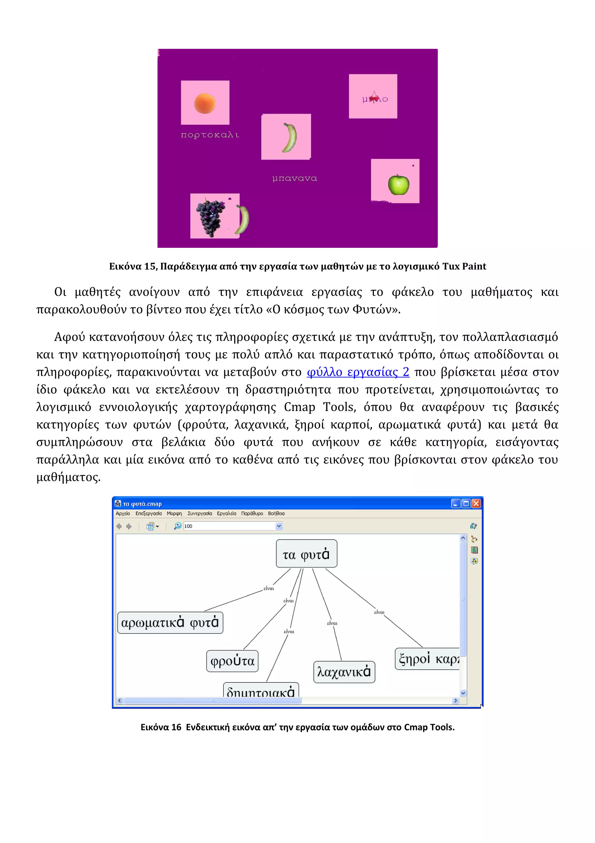 Εικόνα 15, Παράδειγμα από την εργασία των μαθητών με το λογισμικό Tux Paint
Οι μαθητές ανοίγουν από την επιφάνεια εργασίας το φάκελο του μαθήματος και
παρακολουθούν το βίντεο που έχει τίτλο «Ο κόσμος των Φυτών».
Αφού κατανοήσουν όλες τις πληροφορίες σχετικά με την ανάπτυξη, τον πολλαπλασιασμό
και την κατηγοριοποίησή τους με πολύ απλό και παραστατικό τρόπο, όπως αποδίδονται οι
πληροφορίες, παρακινούνται να μεταβούν στο φύλλο εργασίας 2 που βρίσκεται μέσα στον
ίδιο φάκελο και να εκτελέσουν τη δραστηριότητα που προτείνεται, χρησιμοποιώντας το
λογισμικό εννοιολογικής χαρτογράφησης Cmap Tools, όπου θα αναφέρουν τις βασικές
κατηγορίες των φυτών (φρούτα, λαχανικά, ξηροί καρποί, αρωματικά φυτά) και μετά θα
συμπληρώσουν στα βελάκια δύο φυτά που ανήκουν σε κάθε κατηγορία, εισάγοντας
παράλληλα και μία εικόνα από το καθένα από τις εικόνες που βρίσκονται στον φάκελο του
μαθήματος.
Εικόνα 16 Ενδεικτική εικόνα απ’ την εργασία των ομάδων στο Cmap Tools.
 