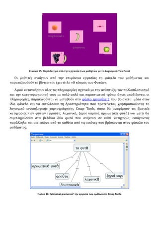 Εικόνα 15, Παράδειγμα από την εργασία των μαθητών με το λογισμικό Tux Paint
Οι μαθητές ανοίγουν από την επιφάνεια εργασίας το φάκελο του μαθήματος και
παρακολουθούν το βίντεο που έχει τίτλο «Ο κόσμος των Φυτών».
Αφού κατανοήσουν όλες τις πληροφορίες σχετικά με την ανάπτυξη, τον πολλαπλασιασμό
και την κατηγοριοποίησή τους με πολύ απλό και παραστατικό τρόπο, όπως αποδίδονται οι
πληροφορίες, παρακινούνται να μεταβούν στο φύλλο εργασίας 2 που βρίσκεται μέσα στον
ίδιο φάκελο και να εκτελέσουν τη δραστηριότητα που προτείνεται, χρησιμοποιώντας το
λογισμικό εννοιολογικής χαρτογράφησης Cmap Tools, όπου θα αναφέρουν τις βασικές
κατηγορίες των φυτών (φρούτα, λαχανικά, ξηροί καρποί, αρωματικά φυτά) και μετά θα
συμπληρώσουν στα βελάκια δύο φυτά που ανήκουν σε κάθε κατηγορία, εισάγοντας
παράλληλα και μία εικόνα από το καθένα από τις εικόνες που βρίσκονται στον φάκελο του
μαθήματος.
Εικόνα 16 Ενδεικτική εικόνα απ’ την εργασία των ομάδων στο Cmap Tools.
 