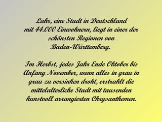 Lahr, eine Stadt in Deutschland mit 44.000 Einwohnern, liegt in einer der schönsten Regionen von Baden-Württemberg.  Im Herbst, jedes Jahr Ende Oktober bis Anfang November, wenn alles in grau in grau zu versinken droht, erstrahlt die mittelalterliche Stadt mit tausenden kunstvoll arrangierten Chrysanthemen. 