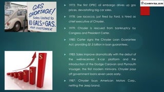

1973: The first OPEC oil embargo drives up gas
prices, devastating big car sales.



1978: Lee Iacocca, just fired by Ford, is hired as
chief executive of Chrysler.



1979: Chrysler is rescued from bankruptcy by
Congress and President Carter.



1980: Carter signs the Chrysler Loan Guarantee
Act, providing $1.5 billion in loan guarantees.



1983: Sales improve dramatically with the debut of

the

well-received

K-car

platform

and

the

introduction of the Dodge Caravan and Plymouth
Voyager, the first modern minivans. Chrysler pays
off government loans seven years early.


1987:

Chrysler

buys

netting the Jeep brand.

American

Motors

Corp.,

 