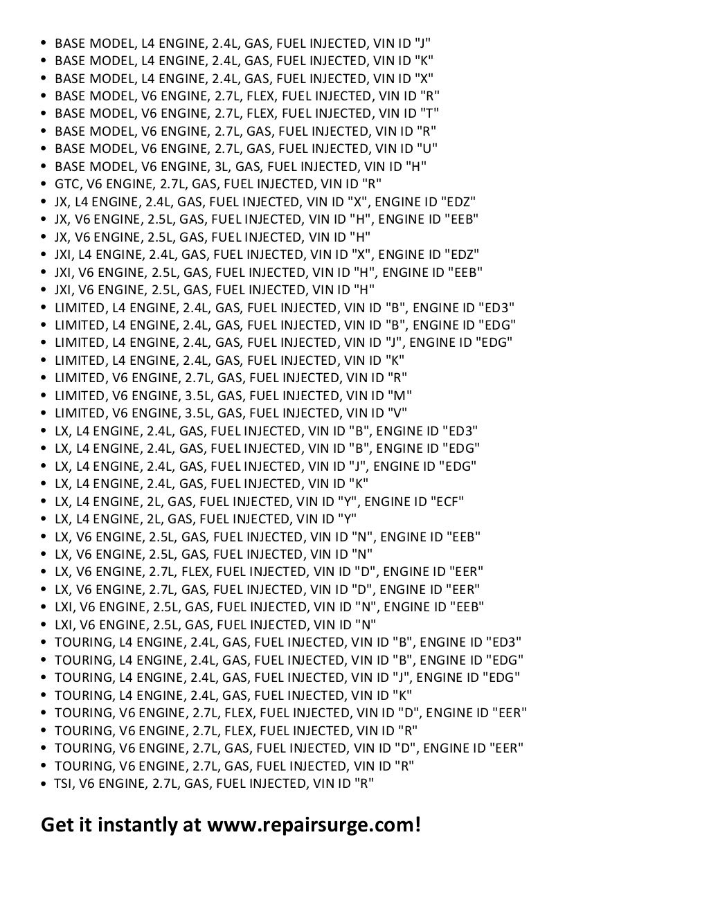 Chrysler Sebring Repair Manual 1995-2010