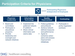 23
healthcare consulting
Participating Physicians
(Independent & Employed)
Physician
Leadership
Information
Technology
Quality
Improvement
Contracting
 Board and
committees
 Participate in
educational
programs
 Provide
leadership and
oversight over
network initiatives
 Implement the
preferred network
IT platform
 Share clinical
information and
claims data
 Follow guidelines
and protocols
 Achieve network
defined measures
and performance
 Agree to
corrective action
plans and process
improvement
initiatives
 Participate in
jointly negotiated
contracts
Participation Criteria for Physicians
 