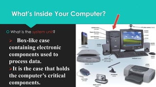 What’s Inside Your Computer?
 What is the system unit?

Box-like case
containing electronic
components used to
process data.
It is the case that holds
the computer’s critical
components.


 