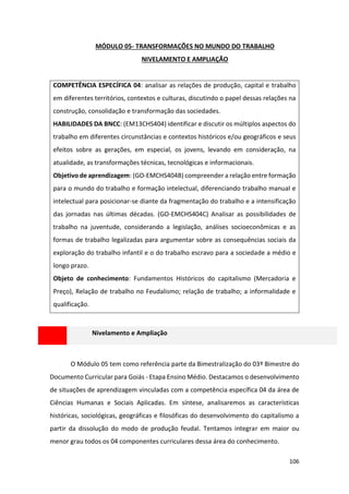 106
MÓDULO 05- TRANSFORMAÇÕES NO MUNDO DO TRABALHO
NIVELAMENTO E AMPLIAÇÃO
COMPETÊNCIA ESPECÍFICA 04: analisar as relações de produção, capital e trabalho
em diferentes territórios, contextos e culturas, discutindo o papel dessas relações na
construção, consolidação e transformação das sociedades.
HABILIDADES DA BNCC: (EM13CHS404) identificar e discutir os múltiplos aspectos do
trabalho em diferentes circunstâncias e contextos históricos e/ou geográficos e seus
efeitos sobre as gerações, em especial, os jovens, levando em consideração, na
atualidade, as transformações técnicas, tecnológicas e informacionais.
Objetivo de aprendizagem: (GO-EMCHS404B) compreender a relação entre formação
para o mundo do trabalho e formação intelectual, diferenciando trabalho manual e
intelectual para posicionar-se diante da fragmentação do trabalho e a intensificação
das jornadas nas últimas décadas. (GO-EMCHS404C) Analisar as possibilidades de
trabalho na juventude, considerando a legislação, análises socioeconômicas e as
formas de trabalho legalizadas para argumentar sobre as consequências sociais da
exploração do trabalho infantil e o do trabalho escravo para a sociedade a médio e
longo prazo.
Objeto de conhecimento: Fundamentos Históricos do capitalismo (Mercadoria e
Preço), Relação de trabalho no Feudalismo; relação de trabalho; a informalidade e
qualificação.
Nivelamento e Ampliação
O Módulo 05 tem como referência parte da Bimestralização do 03º Bimestre do
Documento Curricular para Goiás - Etapa Ensino Médio. Destacamos o desenvolvimento
de situações de aprendizagem vinculadas com a competência específica 04 da área de
Ciências Humanas e Sociais Aplicadas. Em síntese, analisaremos as características
históricas, sociológicas, geográficas e filosóficas do desenvolvimento do capitalismo a
partir da dissolução do modo de produção feudal. Tentamos integrar em maior ou
menor grau todos os 04 componentes curriculares dessa área do conhecimento.
 