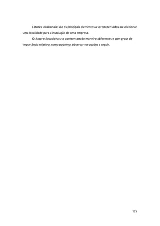 125
Fatores locacionais: são os principais elementos a serem pensados ao selecionar
uma localidade para a instalação de uma empresa.
Os fatores locacionais se apresentam de maneiras diferentes e com graus de
importância relativos como podemos observar no quadro a seguir.
 