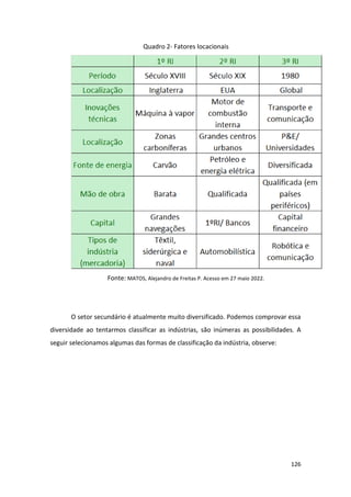 126
Quadro 2- Fatores locacionais
Fonte: MATOS, Alejandro de Freitas P. Acesso em 27 maio 2022.
O setor secundário é atualmente muito diversificado. Podemos comprovar essa
diversidade ao tentarmos classificar as indústrias, são inúmeras as possibilidades. A
seguir selecionamos algumas das formas de classificação da indústria, observe:
 