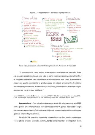 48
Figura 13- Mapa Mental – a crise da superprodução
Fonte: https://brasilescola.uol.com.br/historiag/crise29.htm. Acesso em: 09 maio 2022.
"O que acontecia, como muitas vezes acontece nos booms de mercados livres,
era que, com os salários ficando para trás, os lucros cresceram desproporcionalmente, e
os prósperos obtiveram uma fatia maior do bolo nacional. Mas como a demanda da
massa não podia acompanhar a produtividade em rápido crescimento do sistema
industrial nos grandes dias de Henry Ford, o resultado foi superprodução e especulação.
Isso, por sua vez, provocou o colapso."
Fonte: HOBSBAWM, Eric. Era dos Extremos: o breve século XX 1914-1991. São Paulo: Companhia das Letras, 1995,
p. 104. Disponível em: https://brasilescola.uol.com.br/historiag/crise29.htm. Acesso em: 09 maio 2022.
Keynesianismo – “nas primeiras décadas do século XX, principalmente, em 1929,
com a grande crise financeira que ficou conhecida como “A grande Depressão”, surgiu
como uma nova teoria econômica, desenvolvida pelo economista John Maynard Keynes,
[por isso o nome Keynesianismo].
No século XIX, o cenário econômico estava divido em duas teorias econômicas:
Teoria Liberal e Teoria Marxista. A última, tendo como maestro o ideólogo Karl Marx,
 