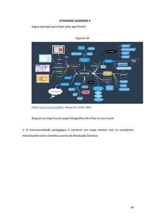 64
ATIVIDADE SUGERIDA II
Segue exemplo para fazer pelo app Xmind.
Figuroa 18-
Fonte: https://cutt.ly/ezBf9PK. Acesso em: 10 fev. 2022.
Arquive ou imprima em papel fotográfico A4 e fixe no seu mural.
➢ A intencionalidade pedagógica é construir um mapa mental com os estudantes
relacionando com a temática acerca da Revolução Gloriosa.
 