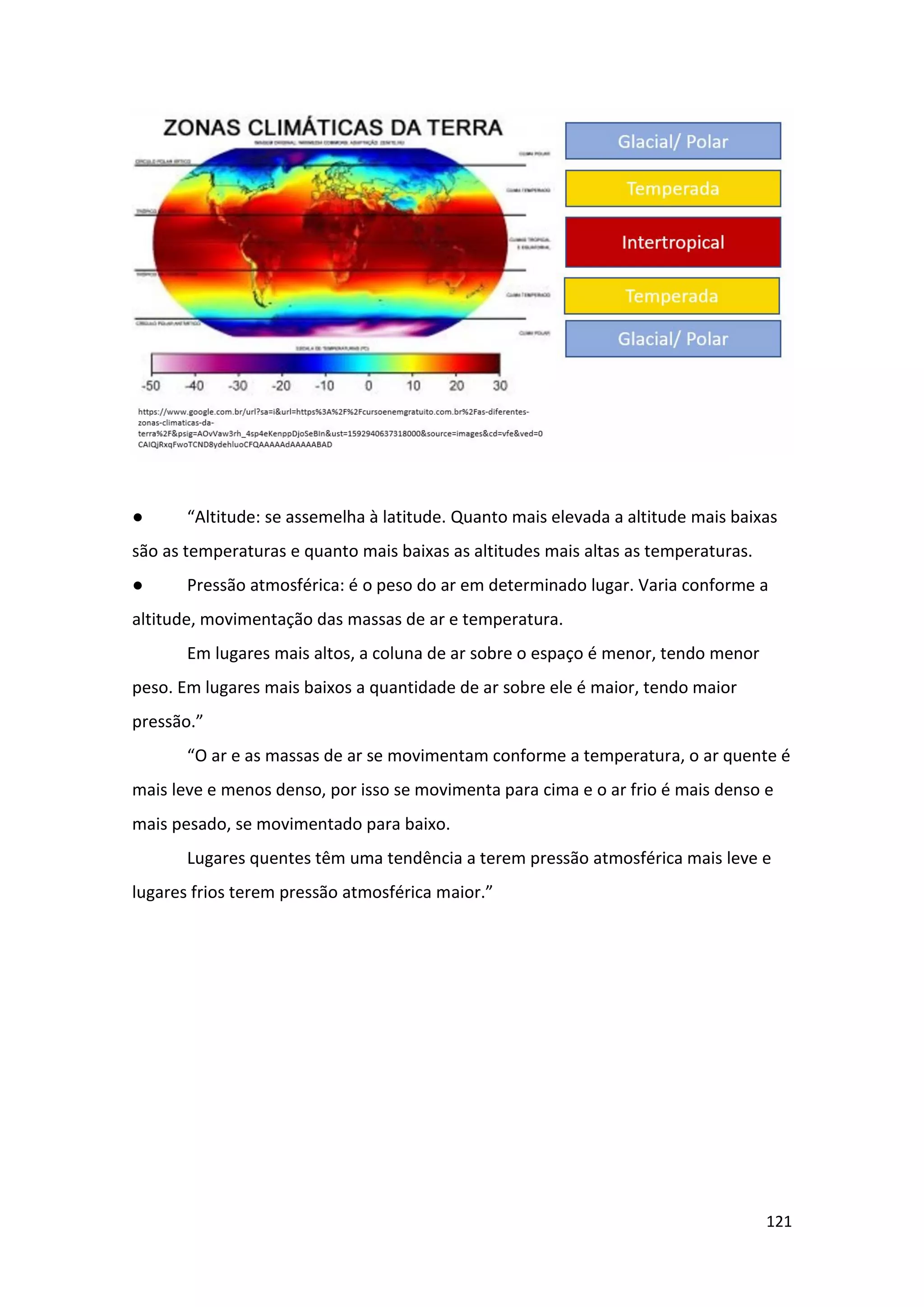 121
● “Altitude: se assemelha à latitude. Quanto mais elevada a altitude mais baixas
são as temperaturas e quanto mais baixas as altitudes mais altas as temperaturas.
● Pressão atmosférica: é o peso do ar em determinado lugar. Varia conforme a
altitude, movimentação das massas de ar e temperatura.
Em lugares mais altos, a coluna de ar sobre o espaço é menor, tendo menor
peso. Em lugares mais baixos a quantidade de ar sobre ele é maior, tendo maior
pressão.”
“O ar e as massas de ar se movimentam conforme a temperatura, o ar quente é
mais leve e menos denso, por isso se movimenta para cima e o ar frio é mais denso e
mais pesado, se movimentado para baixo.
Lugares quentes têm uma tendência a terem pressão atmosférica mais leve e
lugares frios terem pressão atmosférica maior.”
 