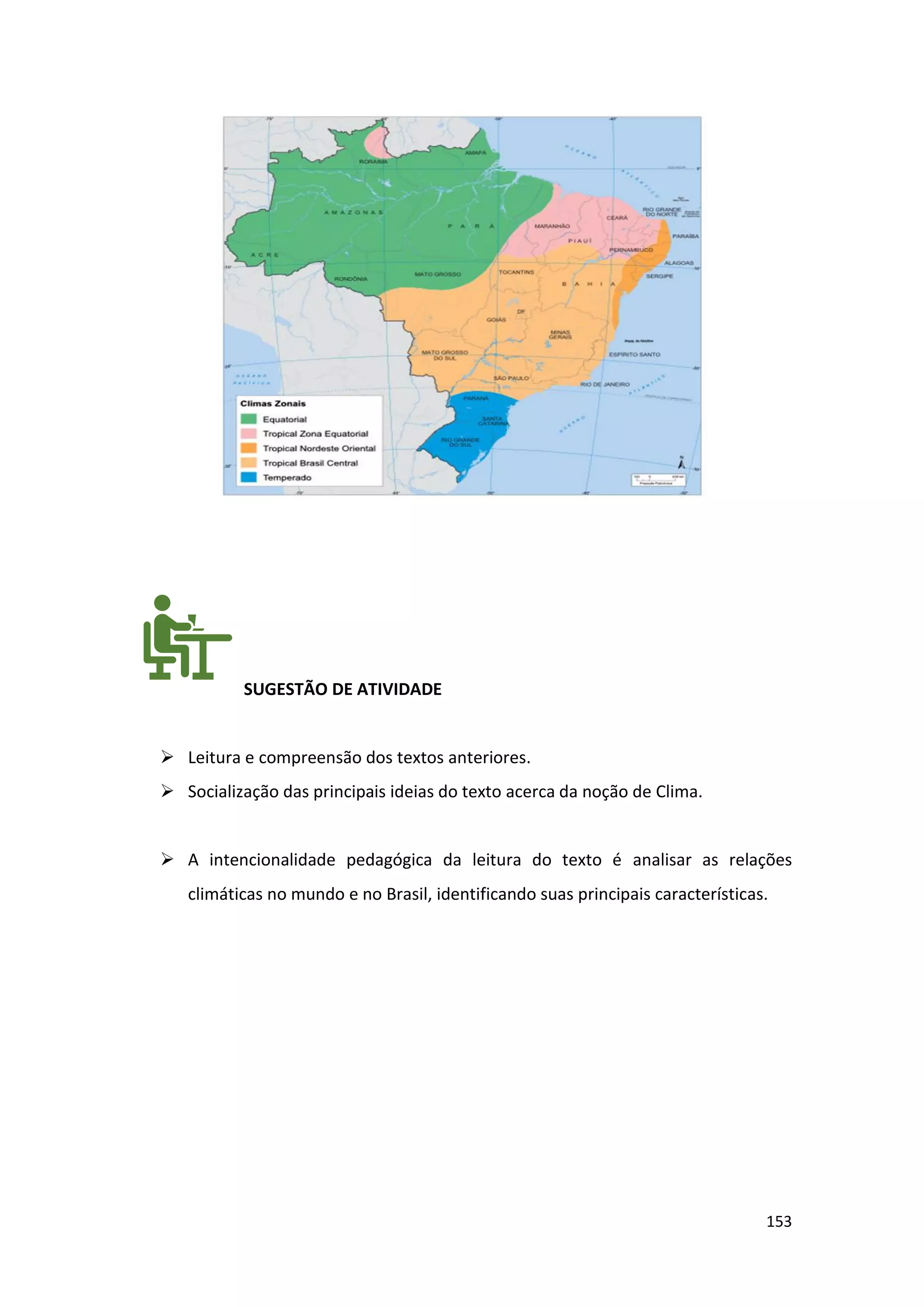 153
SUGESTÃO DE ATIVIDADE
➢ Leitura e compreensão dos textos anteriores.
➢ Socialização das principais ideias do texto acerca da noção de Clima.
➢ A intencionalidade pedagógica da leitura do texto é analisar as relações
climáticas no mundo e no Brasil, identificando suas principais características.
 