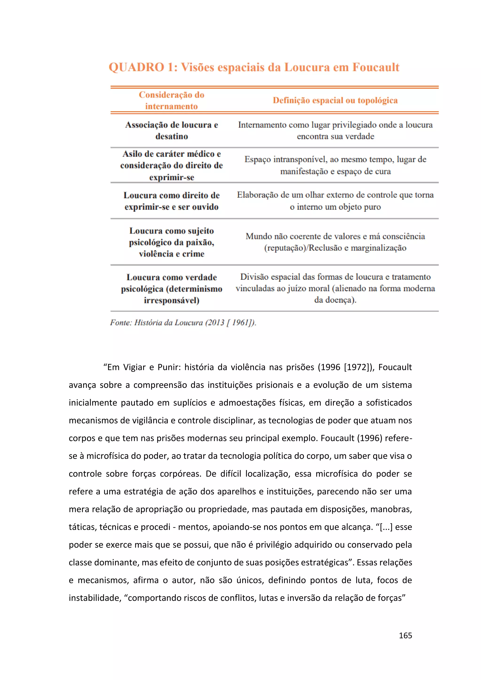 165
“Em Vigiar e Punir: história da violência nas prisões (1996 [1972]), Foucault
avança sobre a compreensão das instituições prisionais e a evolução de um sistema
inicialmente pautado em suplícios e admoestações físicas, em direção a sofisticados
mecanismos de vigilância e controle disciplinar, as tecnologias de poder que atuam nos
corpos e que tem nas prisões modernas seu principal exemplo. Foucault (1996) refere-
se à microfísica do poder, ao tratar da tecnologia política do corpo, um saber que visa o
controle sobre forças corpóreas. De difícil localização, essa microfísica do poder se
refere a uma estratégia de ação dos aparelhos e instituições, parecendo não ser uma
mera relação de apropriação ou propriedade, mas pautada em disposições, manobras,
táticas, técnicas e procedi - mentos, apoiando-se nos pontos em que alcança. “[...] esse
poder se exerce mais que se possui, que não é privilégio adquirido ou conservado pela
classe dominante, mas efeito de conjunto de suas posições estratégicas”. Essas relações
e mecanismos, afirma o autor, não são únicos, definindo pontos de luta, focos de
instabilidade, “comportando riscos de conflitos, lutas e inversão da relação de forças”
 