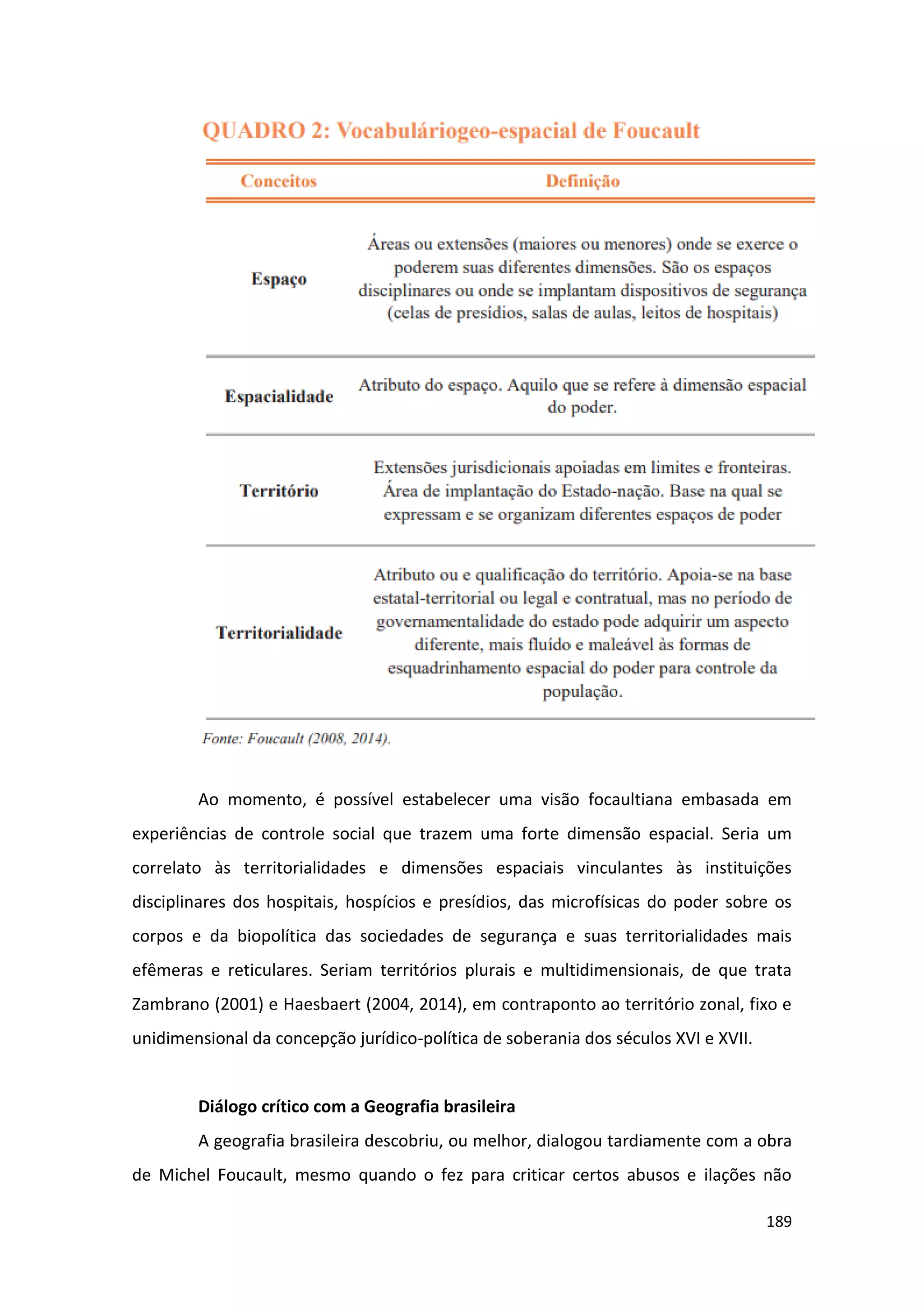 189
Ao momento, é possível estabelecer uma visão focaultiana embasada em
experiências de controle social que trazem uma forte dimensão espacial. Seria um
correlato às territorialidades e dimensões espaciais vinculantes às instituições
disciplinares dos hospitais, hospícios e presídios, das microfísicas do poder sobre os
corpos e da biopolítica das sociedades de segurança e suas territorialidades mais
efêmeras e reticulares. Seriam territórios plurais e multidimensionais, de que trata
Zambrano (2001) e Haesbaert (2004, 2014), em contraponto ao território zonal, fixo e
unidimensional da concepção jurídico-política de soberania dos séculos XVI e XVII.
Diálogo crítico com a Geografia brasileira
A geografia brasileira descobriu, ou melhor, dialogou tardiamente com a obra
de Michel Foucault, mesmo quando o fez para criticar certos abusos e ilações não
 