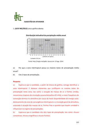125
SUGESTÃO DE ATIVIDADE
1. (UFJF MG/2015) Leia o gráfico abaixo.
Distribuição latitudinal da precipitação média anual
Fonte: http://migre.me/lpbbi. Acesso em: 25 ago. 2014.
a) Por que a zona intertropical possui os maiores totais de precipitação média
anual?
b) Cite 2 tipos de precipitação.
Resposta
a) Espera-se que o candidato, a partir da leitura do gráfico, consiga identificar a
zona intertropical. E destacar elementos que justifiquem os maiores totais de
precipitação nesta zona, tais como: a atuação de massas de ar e frentes úmidas,
mecanismos tropicais de circulação oceano/atmosfera (El niño); a maior frequência de
convecção térmica na atmosfera por causa da maior disponibilidade de energia solar;
deslocamento da zona de convergência intertropical e a circulação geral da atmosfera,
associada à atuação das massas de ar, frentes frias e quentes que trazem umidade e
influenciam no regime de precipitações.
b) Espera-se que o candidato cite dois tipos de precipitação, tais como: chuvas
convectivas, chuvas orográficas e chuvas frontais.
 