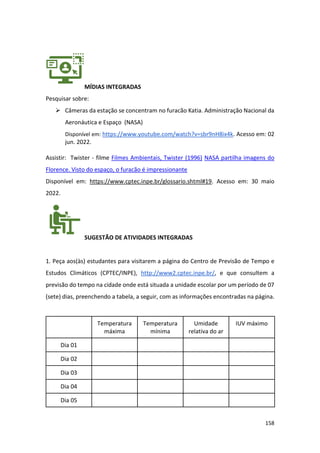 158
MÍDIAS INTEGRADAS
Pesquisar sobre:
➢ Câmeras da estação se concentram no furacão Katia. Administração Nacional da
Aeronáutica e Espaço (NASA)
Disponível em: https://www.youtube.com/watch?v=sbr9nH8ix4k. Acesso em: 02
jun. 2022.
Assistir: Twister - filme Filmes Ambientais, Twister (1996) NASA partilha imagens do
Florence. Visto do espaço, o furacão é impressionante
Disponível em: https://www.cptec.inpe.br/glossario.shtml#19. Acesso em: 30 maio
2022.
SUGESTÃO DE ATIVIDADES INTEGRADAS
1. Peça aos(às) estudantes para visitarem a página do Centro de Previsão de Tempo e
Estudos Climáticos (CPTEC/INPE), http://www2.cptec.inpe.br/, e que consultem a
previsão do tempo na cidade onde está situada a unidade escolar por um período de 07
(sete) dias, preenchendo a tabela, a seguir, com as informações encontradas na página.
Temperatura
máxima
Temperatura
mínima
Umidade
relativa do ar
IUV máximo
Dia 01
Dia 02
Dia 03
Dia 04
Dia 05
 