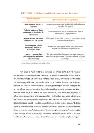 165
“Em Vigiar e Punir: história da violência nas prisões (1996 [1972]), Foucault
avança sobre a compreensão das instituições prisionais e a evolução de um sistema
inicialmente pautado em suplícios e admoestações físicas, em direção a sofisticados
mecanismos de vigilância e controle disciplinar, as tecnologias de poder que atuam nos
corpos e que tem nas prisões modernas seu principal exemplo. Foucault (1996) refere-
se à microfísica do poder, ao tratar da tecnologia política do corpo, um saber que visa o
controle sobre forças corpóreas. De difícil localização, essa microfísica do poder se
refere a uma estratégia de ação dos aparelhos e instituições, parecendo não ser uma
mera relação de apropriação ou propriedade, mas pautada em disposições, manobras,
táticas, técnicas e procedi - mentos, apoiando-se nos pontos em que alcança. “[...] esse
poder se exerce mais que se possui, que não é privilégio adquirido ou conservado pela
classe dominante, mas efeito de conjunto de suas posições estratégicas”. Essas relações
e mecanismos, afirma o autor, não são únicos, definindo pontos de luta, focos de
instabilidade, “comportando riscos de conflitos, lutas e inversão da relação de forças”
 