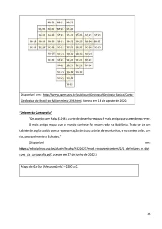 35
Disponível em: http://www.cprm.gov.br/publique/Geologia/Geologia-Basica/Carta-
Geologica-do-Brasil-ao-Milionesimo-298.html. Acesso em 13 de agosto de 2020.
“Origem da Cartografia”
“De acordo com Raisz (1948), a arte de desenhar mapas é mais antiga que a arte de escrever.
O mais antigo mapa que o mundo conhece foi encontrado na Babilônia. Trata-se de um
tablete de argila cozido com a representação de duas cadeias de montanhas, e no centro delas, um
rio, provavelmente o Eufrates.”
(Disponível em:
https://edisciplinas.usp.br/pluginfile.php/4522627/mod_resource/content/2/1_definicoes_e_divi
soes_da_cartografia.pdf, acesso em 27 de junho de 2022.)
Mapa de Ga-Sur (Mesopotâmia) +2500 a.C.
 