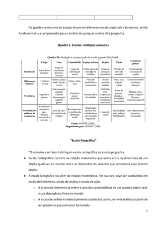 7
Os agentes produtores do espaço atuam em diferentes escalas espaciais e temporais, sendo
fundamental sua compreensão para a análise de qualquer análise dita geográfica.
Quadro 1- Escalas: múltiplos conceitos
“Escala Geográfica”
“O primeiro a se fazer é distinguir escala cartográfica de escala geográfica.
● Escala Cartográfica consiste na relação matemática que existe entre as dimensões de um
objeto qualquer no mundo real e as dimensões do desenho que representa esse mesmo
objeto.
● A escala Geográfica vai além da relação matemática. Por sua vez, deve ser subdividida em
escala do fenômeno, escala de análise e escala de ação.
o A escala do fenômeno se refere a uma das características de um suposto objeto real:
a sua abrangência física no mundo.
o A escala de análise é intelectualmente construída como um nível analítico a partir de
um problema que tenhamos formulado.
 