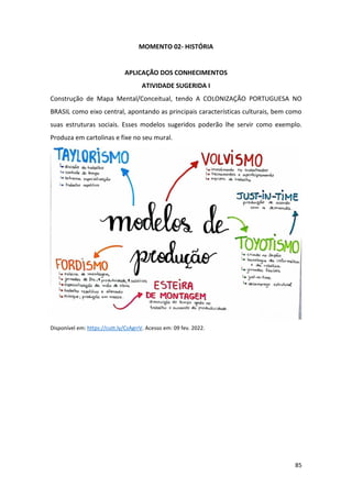 85
MOMENTO 02- HISTÓRIA
APLICAÇÃO DOS CONHECIMENTOS
ATIVIDADE SUGERIDA I
Construção de Mapa Mental/Conceitual, tendo A COLONIZAÇÃO PORTUGUESA NO
BRASIL como eixo central, apontando as principais características culturais, bem como
suas estruturas sociais. Esses modelos sugeridos poderão lhe servir como exemplo.
Produza em cartolinas e fixe no seu mural.
Disponível em: https://cutt.ly/CzAgrrV. Acesso em: 09 fev. 2022.
 