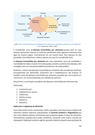150
Fonte: https://sanityconsultoria.com/seguranca-de-alimentos-e-seguranca-alimentar-na-qualidade-de-
vida/. Acesso em: 14 jun. 2022.
É considerado surto de doenças transmitidas por alimentos quando duas ou mais
pessoas apresentam doença ou sintomas semelhantes após ingerirem alimentos e/ou
água da mesma origem, normalmente em um mesmo local. Para doenças de alta
gravidade, como Botulismo e Cólera, apenas um caso já é considerado surto.
As doenças transmitidas por alimentos são uma importante causa de morbidade e
mortalidade em todo o mundo. Em muitos países, durante as últimas duas décadas, têm
emergido como um crescente problema econômico e de saúde pública.
No Brasil, a maioria das doenças transmitidas por alimentos são causadas por bactérias,
principalmente por Salmonella, Escherichia coli e Staphylococcus. No entanto, há
também surtos de doenças transmitidas por alimentos causados por vírus (rotavírus e
norovírus) e, em menor proporção, por substâncias químicas.
Dessa forma, os principais causadores das doenças transmitidas por alimentos são:
Salmonella;
• Escherichia coli;
• Staphylococcus aureus;
• Coliformes;
• Bacillus cereus;
• Rotavírus;
• Norovírus.
Ações para a segurança de alimentos
Para restaurantes, bares, lanchonetes, hotéis, pousadas e até mesmo para indústria de
alimentos existem empresas especializadas no Controle Sanitário e Regulatórios que
tem como objetivo oferecer ferramentas para empresas ligadas às áreas de alimentos,
farmacêuticos, produtos para saúde, cosméticos, saneantes entre outros, visando sua
adequação à legislação sanitária vigente, gerando ambiente propício para produção de
 