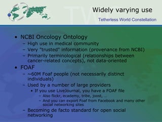 Widely varying use NCBI Oncology Ontology  High use in medical community Very "trusted" information (provenance from NCBI) Primarily terminological (relationships between cancer-related concepts), not data-oriented  FOAF ~60M Foaf people (not necessarily distinct individuals)  Used by a number of large providers If you use LiveJournal, you have a FOAF file Also flickr, ecademy, tribe, joost, … And you can export Foaf from Facebook and many other social networking sites Becoming de facto standard for open social networking 