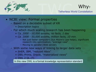 Why ? NCBI view: Formal properties Based on a decidable subset of KR Description logics For which much scaling research has been happening Ca. 2000 - 10,000 axioms, no facts, 1 day Ca. 2008 - 50,000 axioms, million facts, 10 min. Not just faster computers (but Moore's Law helps), significant research into optimization, "average case" Moving to parallel (Web server) With some new ways of linking to larger data sets SHER, IBM, "reduced Abox" OWL-Prime, Oracle, "materialized views” OWL 2 QL (?) In this view OWL is a formal  knowledge representation  standard 