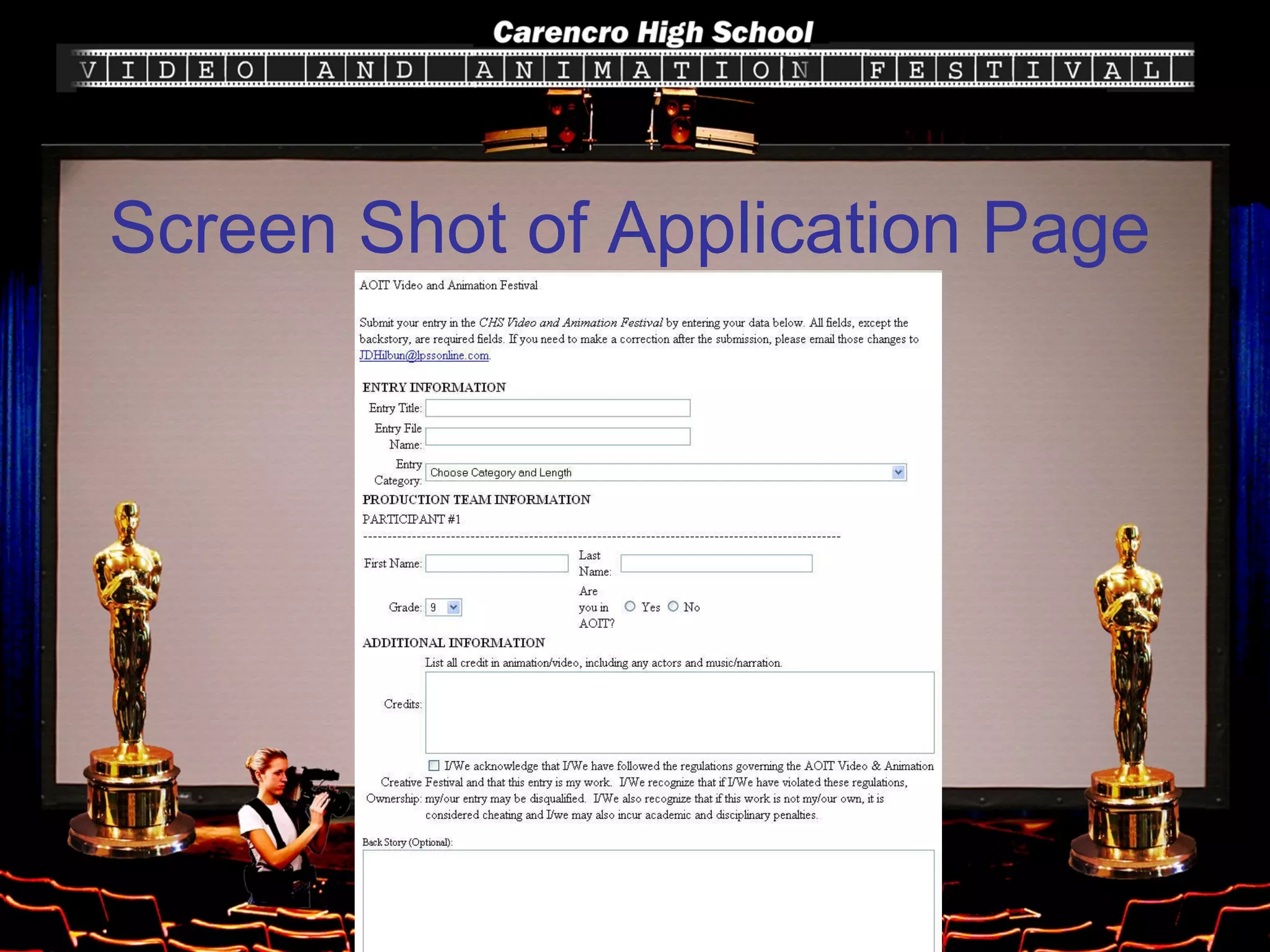 Screen Shot of Application Page 