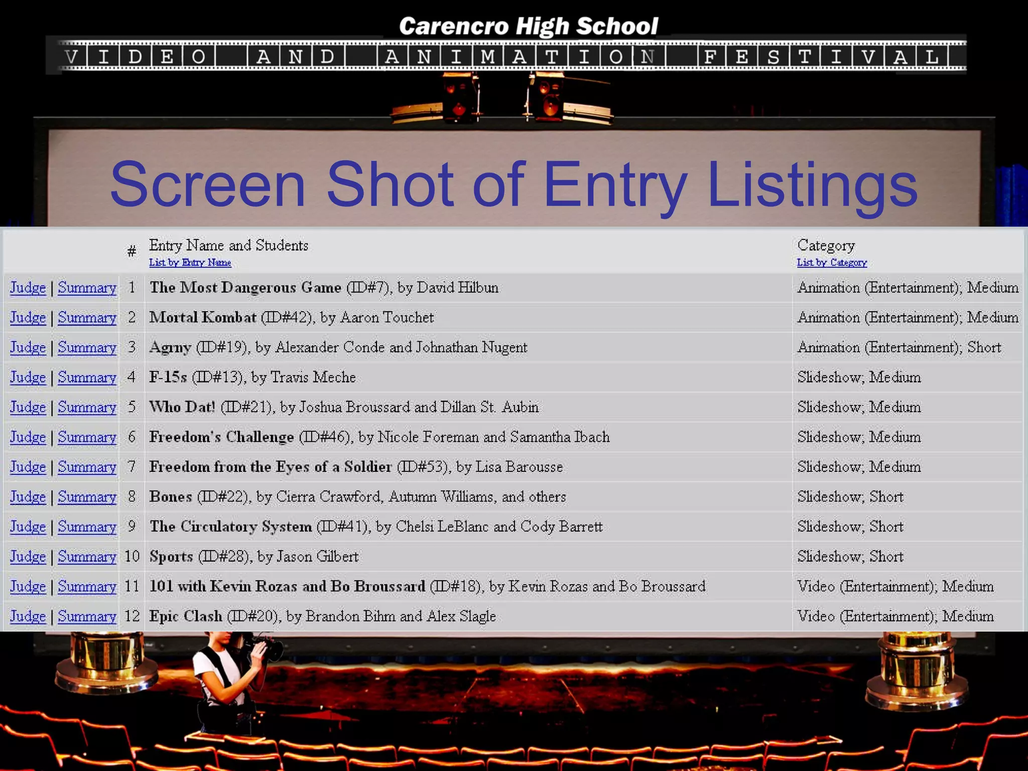 Screen Shot of Entry Listings 