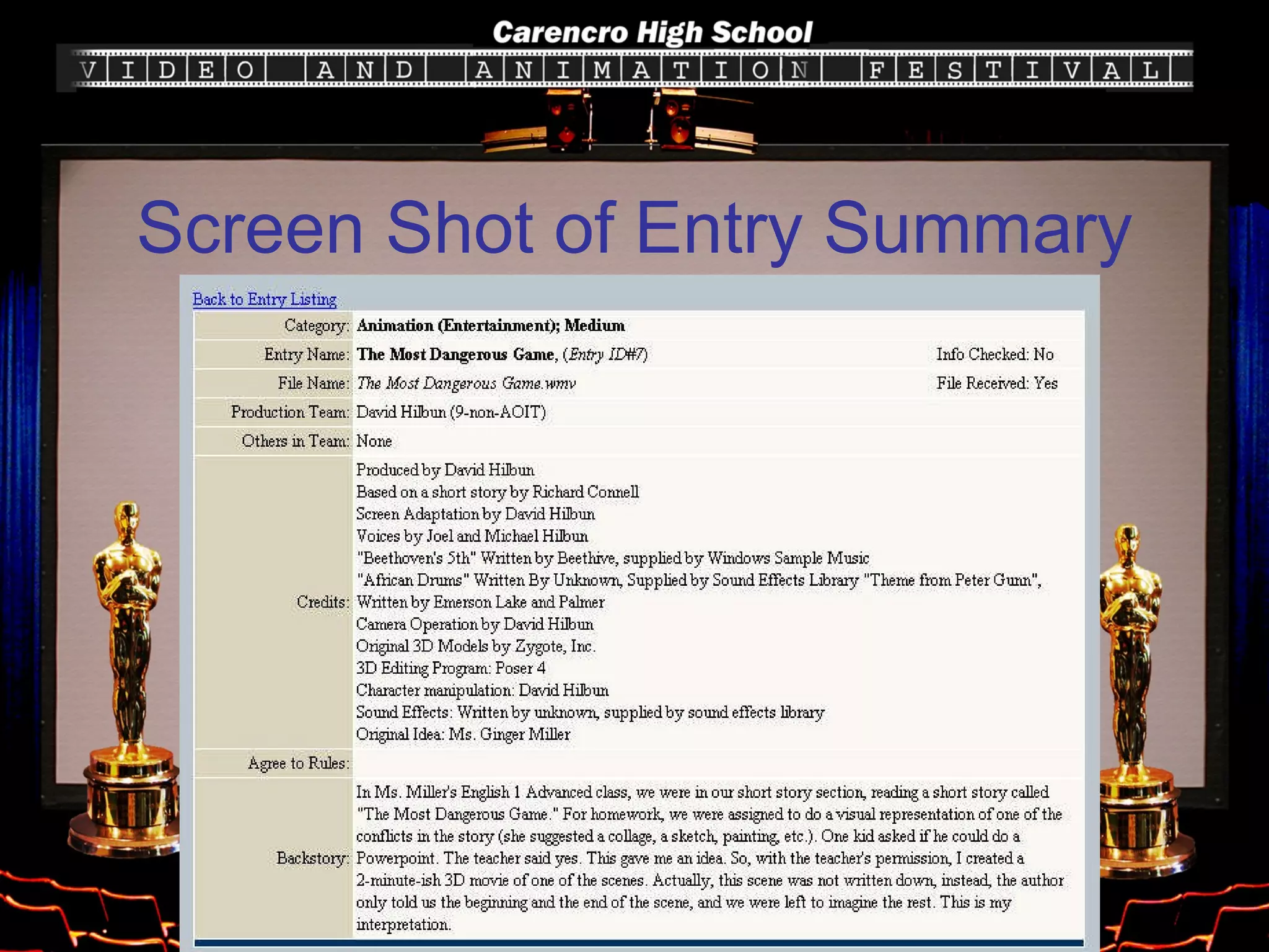Screen Shot of Entry Summary 
