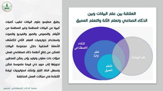 ‫يطبق‬‫ممارسو‬‫علوم‬‫البيانات‬‫تنقيب‬‫ك‬‫ميات‬
‫كبيرة‬‫من‬‫البيانات‬‫المنظمة‬‫وغير‬‫المن‬‫ظمة‬‫من‬
‫األرقام‬‫والنصوص‬‫والصور‬‫والفيديو‬‫والص‬‫وت‬
‫واستخدام‬‫خوارزميات‬‫التعلم‬‫اآللي‬‫الكت‬‫شاف‬
‫األنماط‬‫المخفية‬‫داخل‬‫مجموعة‬‫البيانات‬
‫لتتمكن‬‫من‬‫إنتاج‬‫أنظمة‬‫ذكاء‬‫اصطناعي‬‫لعمل‬
‫تنبؤات‬‫ذات‬‫مغزى‬‫وتوليد‬‫رؤى‬‫يمكن‬‫لل‬‫محللين‬
‫تحويلها‬‫إلى‬‫مورد‬‫ذي‬‫قيمة‬‫ملموسة‬‫تم‬‫كن‬
‫وتسهل‬‫اتخاذ‬‫ار‬‫ر‬‫الق‬‫وإنشاء‬‫اتيجيات‬‫ر‬‫است‬‫لزيادة‬
‫الكفاءة‬‫في‬‫مجاالت‬‫العمل‬‫المختلفة‬
 