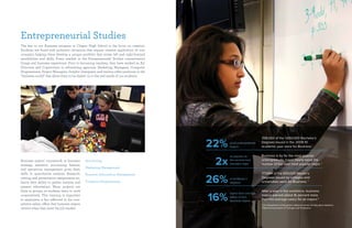 Entrepreneurial Studies
The key to our Business program at Chapin High School is the focus on creation.
Students are faced with authentic situations that require creative application of core
concepts, helping them develop a unique portfolio that mixes left and right-brained
sensibilities and skills. Every teacher in the Entrepreneurial Studies concentration
brings real business experience. Prior to becoming teachers, they have worked as Art
Directors and Copywriters in advertising agencies, Marketing Managers, Computer
Programmers, Project Managers, Graphic Designers, and various other positions in the
“business world” that allow them to be dialed- in to the real needs of our students.
22%
2x
26%
16%
358,000 of the 1,650,000 Bachelor’s
Degrees issued in the 2009-10
academic year were for Business.1
Business is by far the most popular
undergraduate major, nearly twice the
number of the next most popular major. 1
177,684 of the 693,025 Master’s
Degrees issued by colleges and
universities were for Business. 1
After a year in the workforce, business
majors earned about 16 percent more
than the average salary for all majors.2
1
U.S. Department of Education’s National Center for Education Statistics
2
National Association of Colleges and Employers
of all undergraduate
majors
as popular as
the second most
awarded major
of all Master’s
degrees
higher than average
salary of non-
business majors
Business majors’ coursework in business
strategy, statistics, accounting, finance,
and operations management gives them
skills in quantitative analysis. Research,
writing, and presentation assignments en-
hance their ability to gather, analyze, and
present information. Many projects are
done in groups, so students learn to work
cooperatively. This training is important
to employers, a fact reflected in the com-
petitive salary offers that business majors
receive when they enter the job market.
Accounting
Marketing Management
Business Information Management
Computer Programming
 