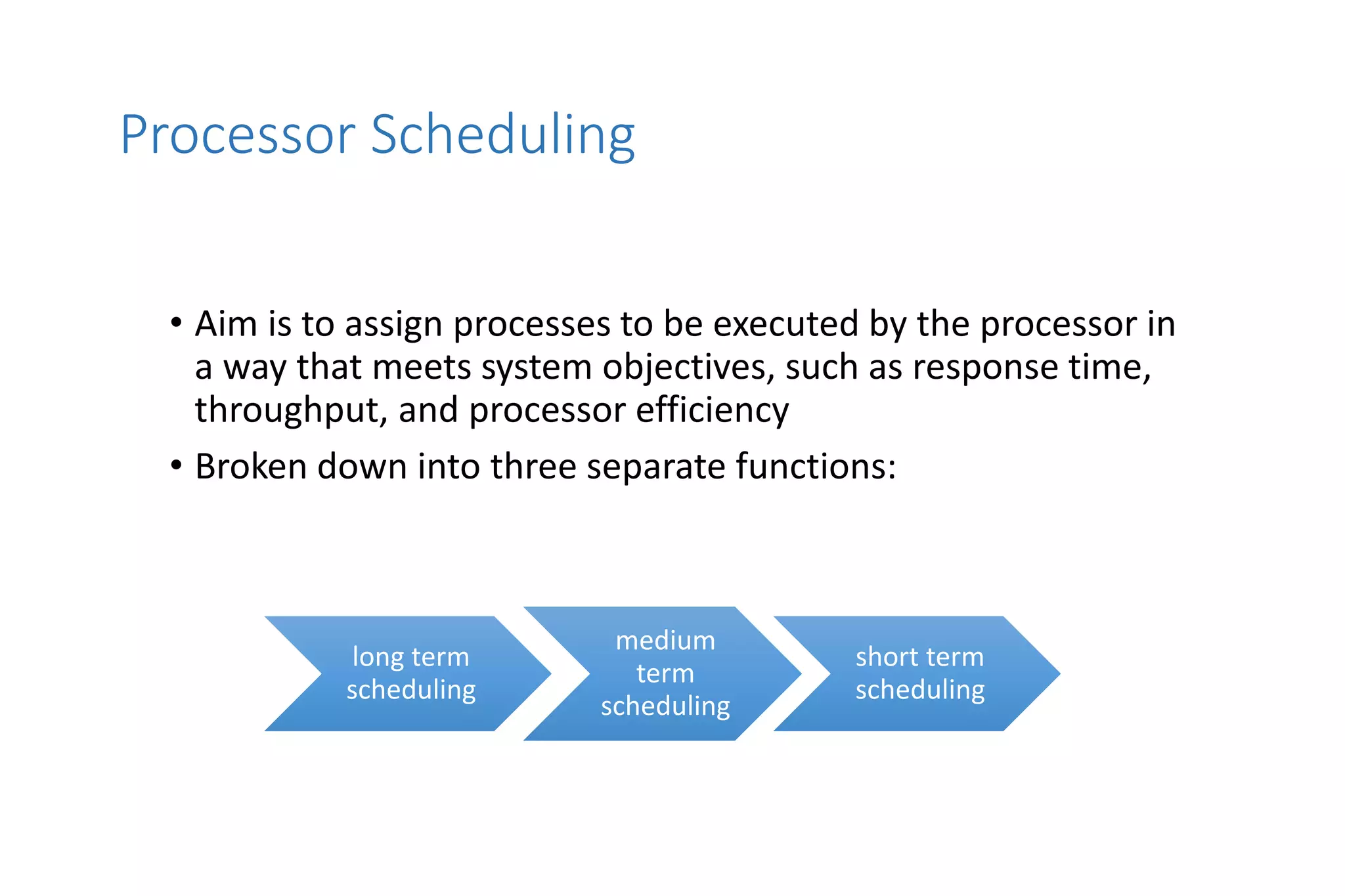 Processor Scheduling
• Aim is to assign processes to be executed by the processor in
a way that meets system objectives, such as response time,
throughput, and processor efficiency
• Broken down into three separate functions:
long term
scheduling
medium
term
scheduling
short term
scheduling
 