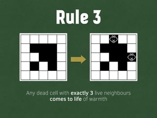 Any dead cell with exactly 3 live neighbours
comes to life of warmth
Rule 3
 