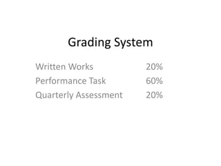 Grading System
Written Works 20%
Performance Task 60%
Quarterly Assessment 20%
 