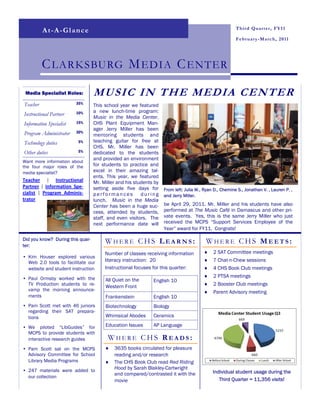 Third Quarter, FY11
          At-A-Glance
                                                                                                        February-March, 2011




          C LARKSBURG M EDIA C ENTER
 Media Specialist Roles:          MUSIC IN THE MEDIA CENTER
Teacher                  35%
                                  This school year we featured
                         10%      a new lunch-time program:
Instructional Partner
                                  Music in the Media Center.
Information Specialist   15%      CHS Plant Equipment Man-
                                  ager Jerry Miller has been
Program Administrator    30%
                                  mentoring students and
Technology duties         5%      teaching guitar for free at
                                  CHS. Mr. Miller has been
Other duties              5%      dedicated to the students
                                  and provided an environment
Want more information about
the four major roles of the       for students to practice and
media specialist?                 excel in their amazing tal-
                                  ents. This year, we featured
Teacher  |  Instructional         Mr. Miller and his students by
Partner  |  Information  Spe‐     setting aside five days for      From left: Julia W., Ryan D., Chemine S., Jonathan V. , Lauren P. ,
cialist  |  Program  Adminis‐     performances          during     and Jerry Miller.
trator                            lunch. Music in the Media
                                  Center has been a huge suc-      be April 29, 2011. Mr. Miller and his students have also
                                  cess, attended by students,      performed at The Music Café in Damascus and other pri-
                                  staff, and even visitors. The    vate events. Yes, this is the same Jerry Miller who just
                                  next performance date will       received the MCPS “Support Services Employee of the
                                                                   Year” award for FY11. Congrats!

Did you know? During this quar-
ter:
                                       WHERE CHS LEARNS:                                WHERE CHS MEETS:
                                       Number of classes receiving information         ♦    2 SAT Committee meetings
• Kim Houser explored various
  Web 2.0 tools to facilitate our      literacy instruction: 20                        ♦    7 Chat-n-Chew sessions
  website and student instruction      Instructional focuses for this quarter:         ♦    4 CHS Book Club meetings
• Paul Ormsby worked with the                                                          ♦    2 PTSA meetings
                                       All Quiet on the      English 10
  TV Production students to re-
                                       Western Front                                   ♦    2 Booster Club meetings
  vamp the morning announce-                                                           ♦    Parent Advisory meeting
  ments                                Frankenstein          English 10
• Pam Scott met with 46 juniors        Biotechnology         Biology
  regarding their SAT prepara-
  tions                                Whimsical Abodes      Ceramics

• We piloted “LibGuides” for           Education Issues      AP Language
  MCPS to provide students with
  interactive research guides           WHERE CHS READS:
• Pam Scott sat on the MCPS            ♦   3635 books circulated for pleasure
  Advisory Committee for School            reading and/or research
  Library Media Programs               ♦   The CHS Book Club read Red Riding
• 247 materials were added to              Hood by Sarah Blakley-Cartwright
                                           and compared/contrasted it with the              Individual student usage during the
  our collection
                                           movie                                               Third Quarter = 11,356 visits!
 