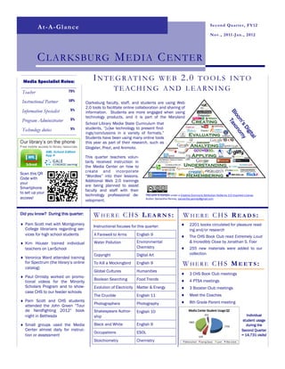 S e c o nd Qua r te r , F Y 1 2
           A t - A - Gla n c e
                                                                                                                                       N o v . , 2 0 11 - J a n. , 2 0 1 2




           C LARKSBURG M E DIA C E NTE R
 Media Specialist Roles:
                                           INTE GR ATI N G            WEB 2.0 TOOLS INTO
 Teacher                   75%                          T E AC H I N G A N D L E A R N I N G
 Instructional Partner     10%
                                       Clarksburg faculty, staff, and students are using Web
                                       2.0 tools to facilitate online collaboration and sharing of
 Information Specialist     5%
                                       information. Students are more engaged when using




                                                                                                                                                        Bl Taxo
                                                                                                                                                          oo
                                       technology products, and it is part of the Maryland
 Program Administrator      5%




                                                                                                                                                             m’ nom
                                       School Library Media State Curriculum that




                                                                                                                                                               sD y
 Technology duties          5%         students, “[u]se technology to present find-




                                                                                                                                                                 igi
                                       ings/conclusions in a variety of formats.”




                                                                                                                                                                     ta
                                       Students have been using many online tools




                                                                                                                                                                        l
                                       this year as part of their research, such as
                                       Glogster, Prezi, and Animoto.

                                       This quarter teachers volun-
                                       tarily received instruction in
                                       the Media Center on how to
                                       create and incorporate
Scan this QR
                                       “Wordles” into their lessons.
Code with
                                       Additional Web 2.0 trainings
your
                                       are being planned to assist
Smartphone
                                       faculty and staff with their
to set up your
                                       technology professional de-        This work is licensed under a Creative Commons Attribution-NoDerivs 3.0 Unported License.
access!                                                                   Author: Samantha Penney, samantha.penney@gmail.com
                                       velopment.


Did you know? During this quarter:         WHERE CHS LEARNS:                                            WHERE CHS READS:
 Pam Scott met with Montgomery                                                                                2201 books circulated for pleasure read-
                                           Instructional focuses for this quarter:
  College librarians regarding ser-                                                                             ing and/or research
  vices for high school students            A Farewell to Arms       English 9                                 The CHS Book Club read Extremely Loud
 Kim Houser trained individual             Water Pollution          Environmental                              & Incredibly Close by Jonathan S. Foer
  teachers on LanSchool                                              Chemistry                                 255 new materials were added to our
                                            Copyright                Digital Art                                collection
 Veronica Ward attended training
  for Spectrum (the library’s online
  catalog)
                                            To Kill a Mockingbird    English 9                          WHERE CHS MEETS:
                                            Global Cultures          Humanities
                                                                                                               3 CHS Book Club meetings
 Paul Ormsby worked on promo-
                                            Boolean Searching        Food Trends                               4 PTSA meetings
  tional videos for the Minority
  Scholars Program and to show-             Evolution of Electricity Matter & Energy                           3 Booster Club meetings
  case CHS to our feeder schools
                                            The Crucible             English 11                                Meet the Coaches
 Pam Scott and CHS students                                                                                   8th Grade Parent meeting
                                            Photographers            Photography
  attended the John Green “Tour
  de Nerdfighting 2012” book                Shakespeare Author-      English 10                                Media Center Student Usage Q2
  night in Bethesda                         ship                                                                                 453                                    Individual
                                                                                                               5883
                                                                                                                                                                      student usage
 Small groups used the Media               Black and White          English 9                                                                       7759               during the
  Center almost daily for instruc-                                                                                                                                   Second Quarter
                                            Occupations              ESOL
  tion or assessment                                                                                                       636
                                                                                                                                                                     = 14,731 visits!
                                            Stoichiometry            Chemistry                             Before School    During Classes   Lunch    After School
 