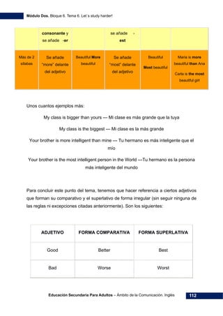 Módulo Dos. Bloque 6. Tema 6. Let´s study harder!
Educación Secundaria Para Adultos – Ámbito de la Comunicación. Inglés 112
consonante y
se añade -er
se añade -
est
Más de 2
sílabas
Se añade
“more” delante
del adjetivo
Beautiful More
beautiful
Se añade
“most” delante
del adjetivo
Beautiful
Most beautiful
Maria is more
beautiful than Ana
Carla is the most
beautiful girl
Unos cuantos ejemplos más:
My class is bigger than yours --- Mi clase es más grande que la tuya
My class is the biggest --- Mi clase es la más grande
Your brother is more intelligent than mine --- Tu hermano es más inteligente que el
mío
Your brother is the most intelligent person in the World ---Tu hermano es la persona
más inteligente del mundo
Para concluir este punto del tema, tenemos que hacer referencia a ciertos adjetivos
que forman su comparativo y el superlativo de forma irregular (sin seguir ninguna de
las reglas ni excepciones citadas anteriormente). Son los siguientes:
ADJETIVO FORMA COMPARATIVA FORMA SUPERLATIVA
Good Better Best
Bad Worse Worst
 