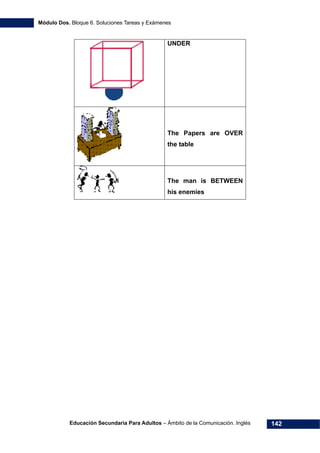 Módulo Dos. Bloque 6. Soluciones Tareas y Exámenes
Educación Secundaria Para Adultos – Ámbito de la Comunicación. Inglés 142
UNDER
The Papers are OVER
the table
The man is BETWEEN
his enemies
 