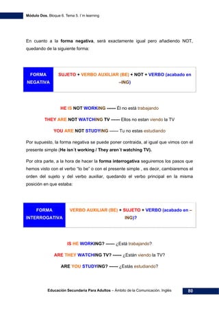 Módulo Dos. Bloque 6. Tema 5. I´m learning
Educación Secundaria Para Adultos – Ámbito de la Comunicación. Inglés 80
En cuanto a la forma negativa, será exactamente igual pero añadiendo NOT,
quedando de la siguiente forma:
FORMA
NEGATIVA
SUJETO + VERBO AUXILIAR (BE) + NOT + VERBO (acabado en
–ING)
HE IS NOT WORKING ------ Él no está trabajando
THEY ARE NOT WATCHING TV ------ Ellos no estan viendo la TV
YOU ARE NOT STUDYING ------ Tu no estas estudiando
Por supuesto, la forma negativa se puede poner contraida, al igual que vimos con el
presente simple (He isn´t working / They aren´t watching TV).
Por otra parte, a la hora de hacer la forma interrogativa seguiremos los pasos que
hemos visto con el verbo “to be” o con el presente simple , es decir, cambiaremos el
orden del sujeto y del verbo auxiliar, quedando el verbo principal en la misma
posición en que estaba:
FORMA
INTERROGATIVA
VERBO AUXILIAR (BE) + SUJETO + VERBO (acabado en –
ING)?
IS HE WORKING? ------ ¿Está trabajando?
ARE THEY WATCHING TV? ------ ¿Están viendo la TV?
ARE YOU STUDYING? ------ ¿Estás estudiando?
 