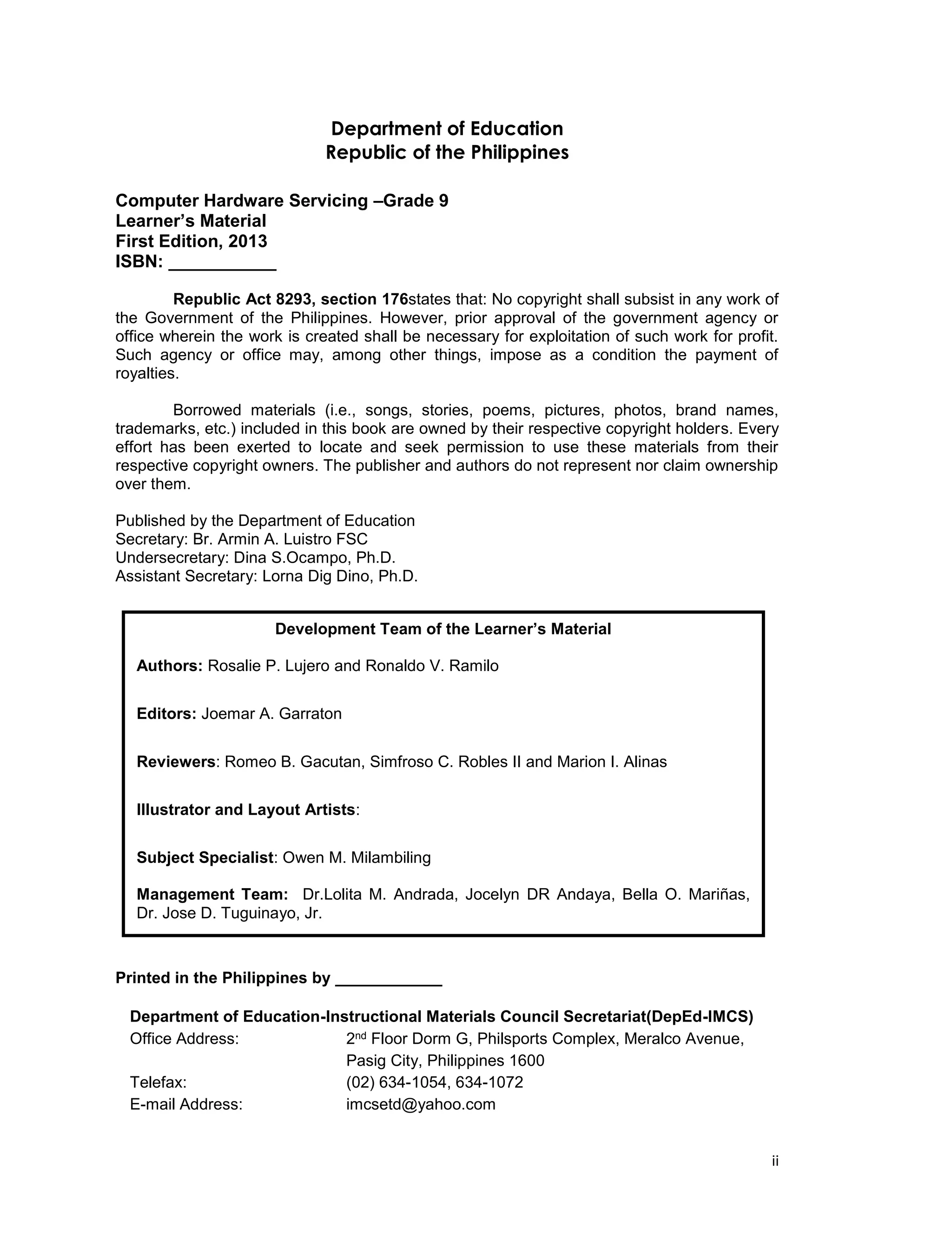 K-12 Grade 9 - Computer Hardware Servicing ICT Learning Material | PDF