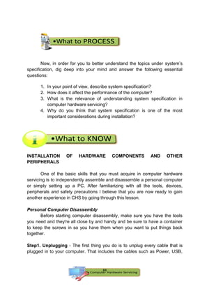 Computer System Specification Activity K-12 Grade 9 - Computer Hardware Servicing ICT Learning Material | PDF