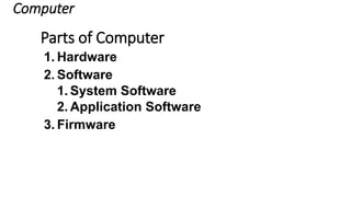 Computer
1. Hardware
2. Software
1. System Software
2. Application Software
3. Firmware
Parts of Computer
 