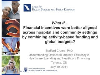 What if…Financial incentives were better aligned across hospital and community settings by combining activity-based funding and global budgets? Trafford Crump, PhD Understanding Options to Improve Efficiency in Healthcare Spending and Healthcare Financing Toronto, ON July 10, 2011 