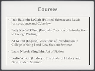 Courses Jack Baldwin-LeClair (Political Science and Law) : Jurisprudence and Cyberlaw Patty Keefe-D’Urso (English) : 2 section of Introduction to College Writing II AJ Kelton (English) : 2 sections of Introduction to College Writing I and New Student Seminar Laura Nicosia (English) : Art of Fiction Leslie Wilson (History)  : The Study of History and New Student Seminar 