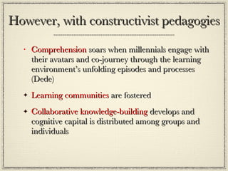 However, with constructivist pedagogies Comprehension  soars when millennials engage with their avatars and co-journey through the learning environment’s unfolding episodes and processes (Dede) Learning communities  are fostered Collaborative knowledge-building  develops and cognitive capital is distributed among groups and individuals 
