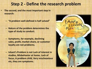 Step 2 - Define the research problem The second, and the most important step in research:“A problem well-defined is half solved” Nature of the problem determines the type of study to conduct. Symptoms, for example, declining sales, profit, market share, or customer loyalty are not problems. Ishant’s Problem is not Lack of interest in studies, Misbehavior at home, Lack of focus, A problem child, Very mischeavious etc, they are symptoms.