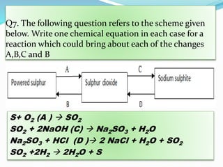 Q7. The following question refers to the scheme given
below. Write one chemical equation in each case for a
reaction which could bring about each of the changes
A,B,C and B
S+ O2 (A )  SO2
SO2 + 2NaOH (C)  Na2SO3 + H2O
Na2SO3 + HCl (D ) 2 NaCl + H2O + SO2
SO2 +2H2  2H2O + S
 